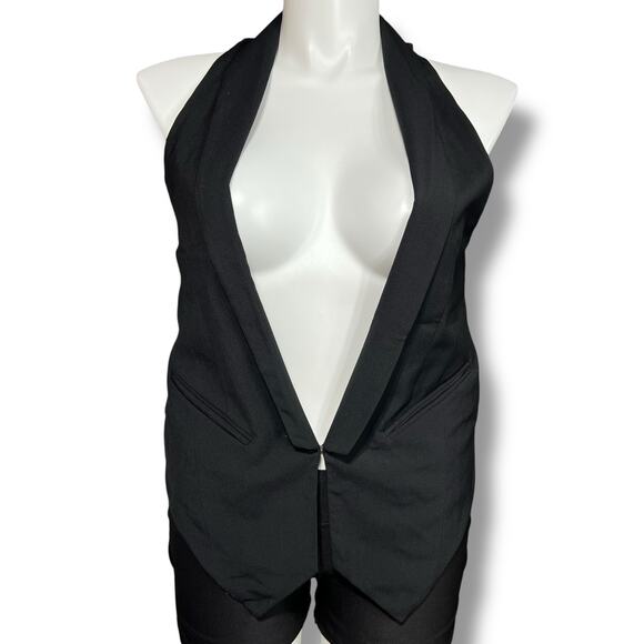 Apostrophe Womens Suit Vest Sleeveless Deep V Neck Satin Back Pockets Black Y2K - Picture 1 of 11